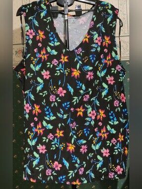 Woman Within Black Floral V-Neck Sleeveless Blouse